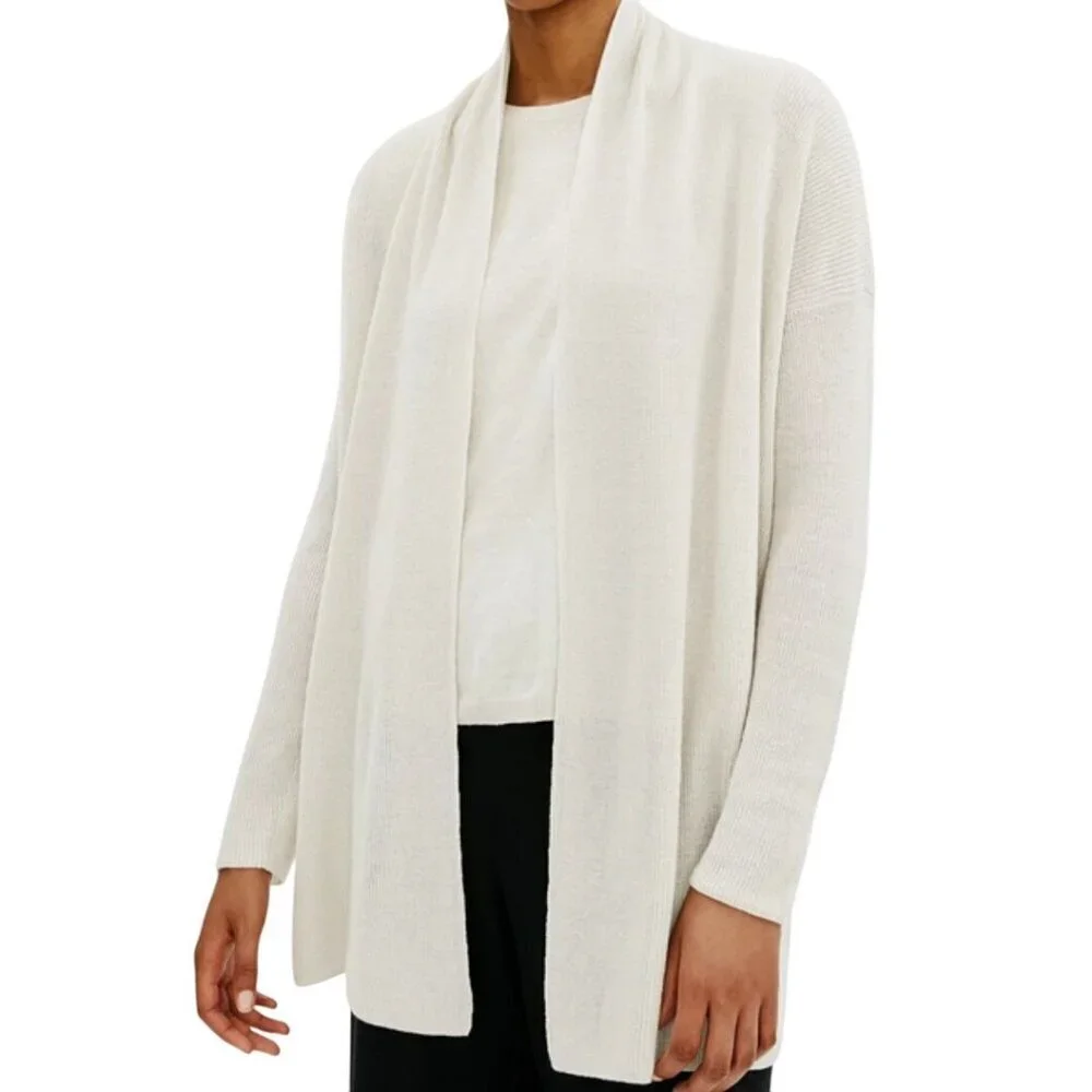 Eileen Fisher High Collar Organic Linen Cotton Open Cardigan Sweater Size XL